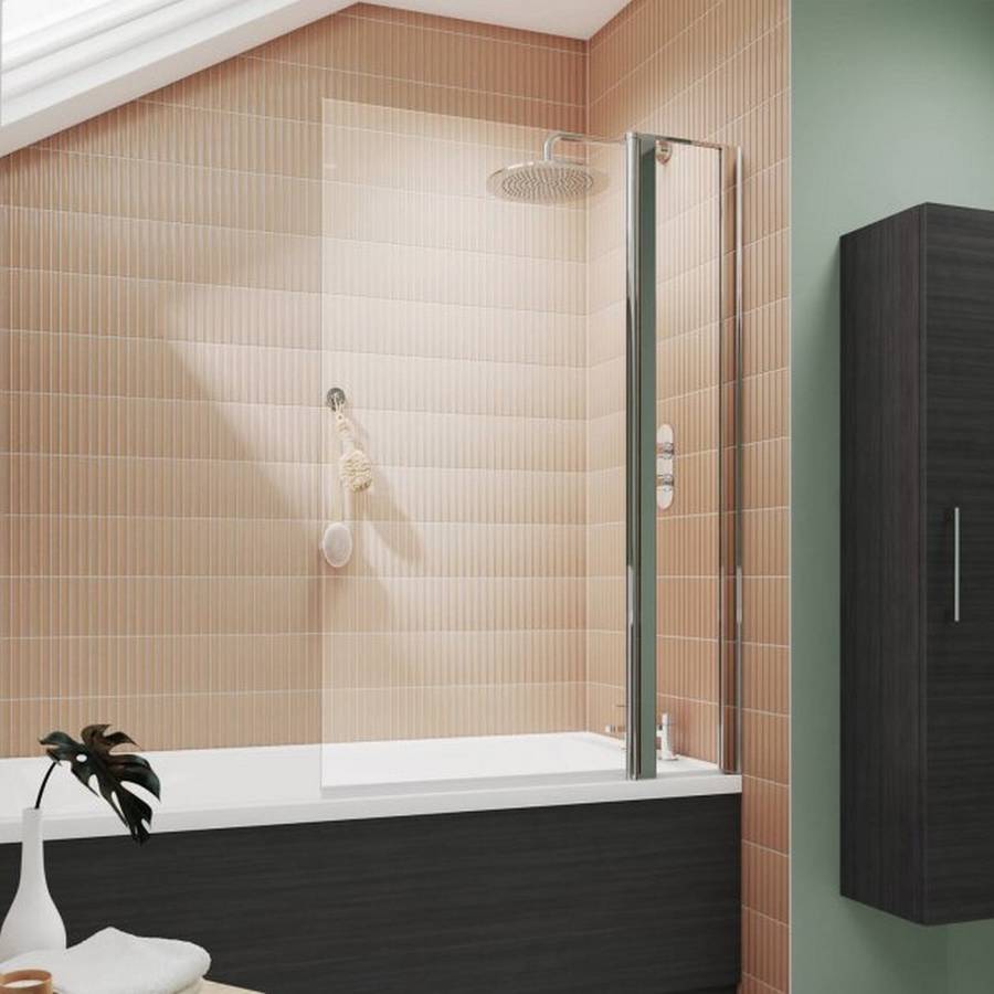 Nuie Pacific 6mm Chrome Square Hinged Bath Screen with Fixed Panel