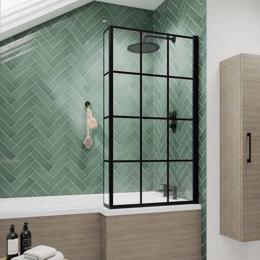 Nuie Pacific 6mm Satin Black Framed L Shaped Hinged Bath Screen with Fixed Return