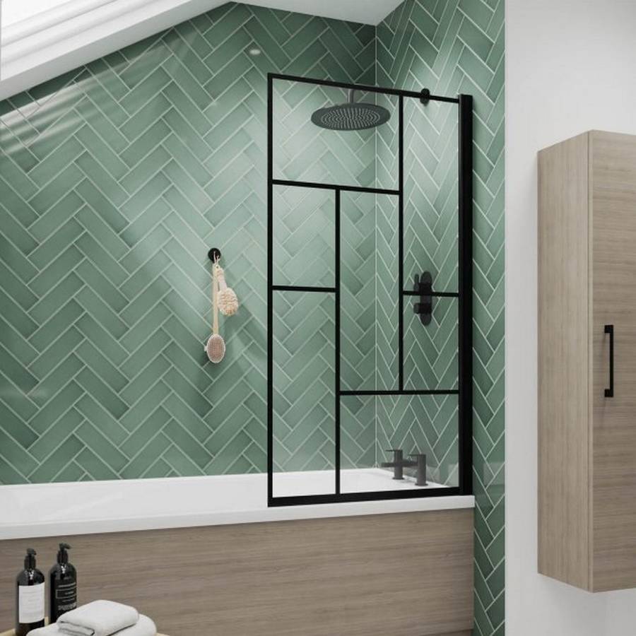 Nuie Pacific 6mm Satin Black Abstract Square Hinged Bath Screen