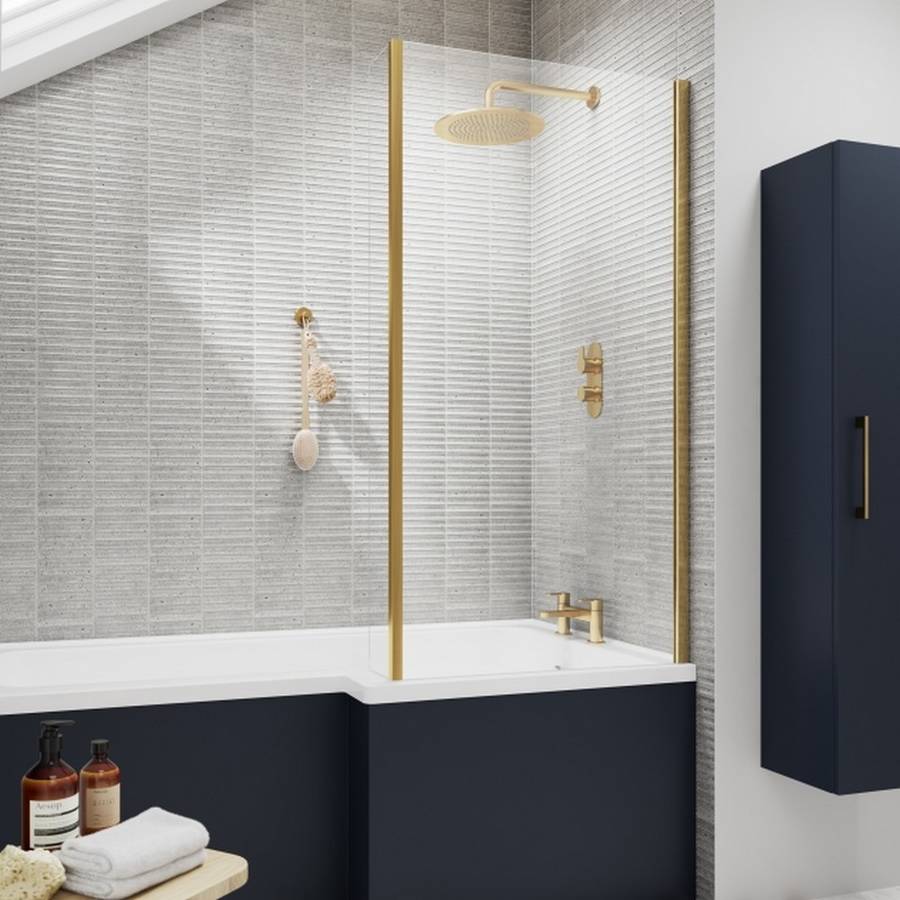 Nuie Pacific 6mm Brass L Shaped Fixed Bath Screen with Fixed Return