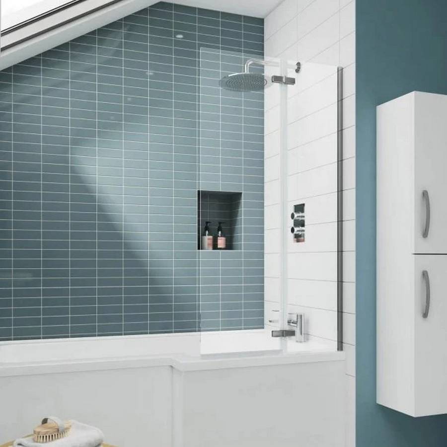 Nuie Pacific 5mm Satin Chrome Square Fixed Bath Screen with Hinged Panel