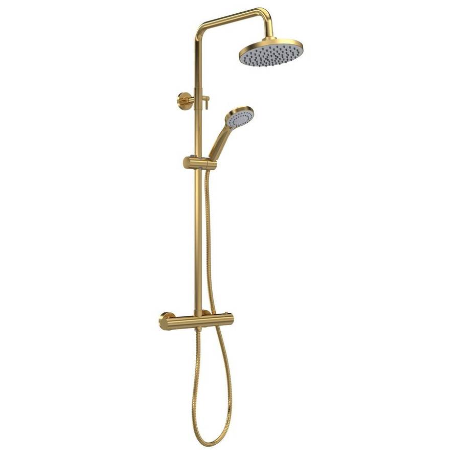 Nuie Arvan Brushed Brass Round Thermostatic Bar Shower with Telescopic Kit