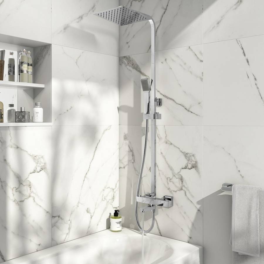 Scudo Block Chrome Square Rigid Riser Shower with Bath Filler