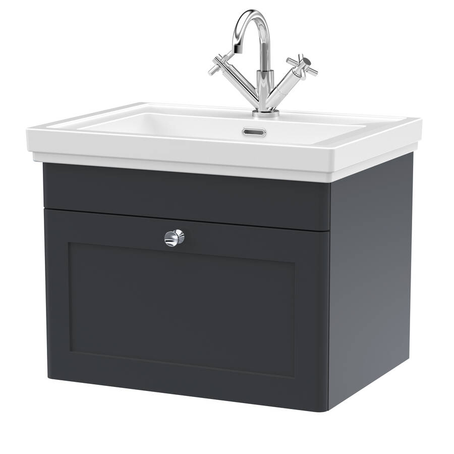 Nuie Classique Soft Black 600mm Wall Hung 1 Drawer Vanity Unit