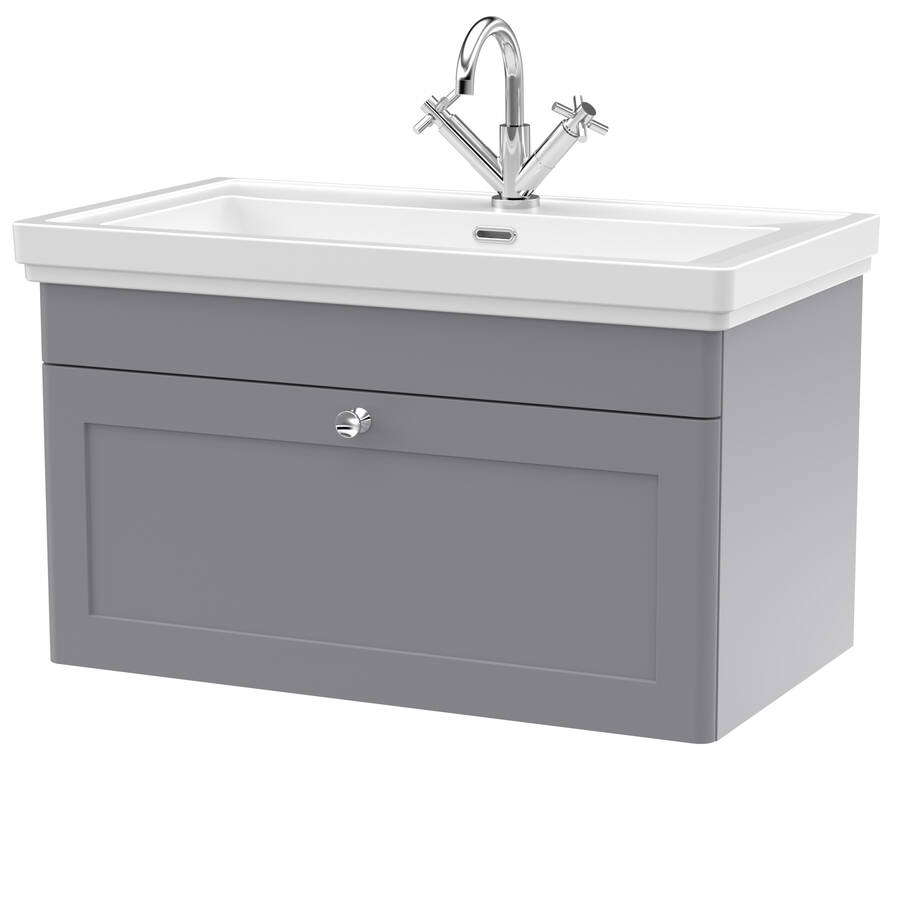 Nuie Classique Grey 800mm Wall Hung 1 Drawer Vanity Unit