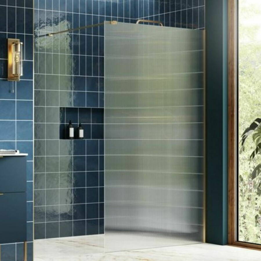 Ajax Reni 8mm Fluted Glass 800mm Wetroom Panel in Brushed Brass