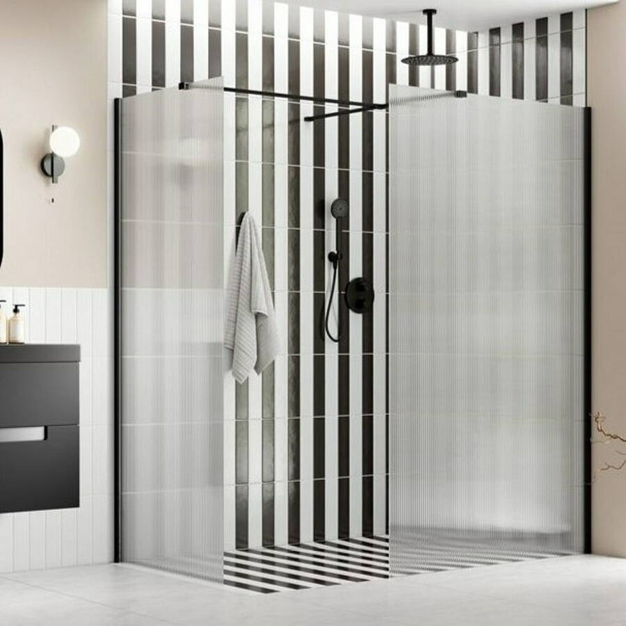 Ajax Reni 8mm Fluted Glass 900mm Wetroom Panel in Black