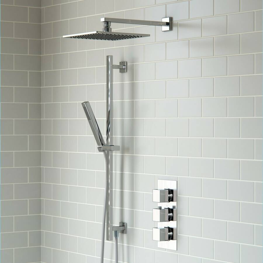 Ajax Brigsley Square Two Outlet Triple Shower Valve with Riser and Overhead Kit in Chrome