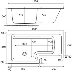 Beaufort Portland 1600 x 850mm LH L Shaped Reinforced Bath