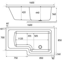 Beaufort Portland 1600 x 850mm RH L Shaped 5mm Bath