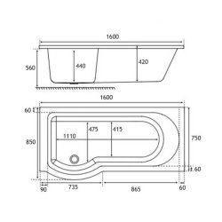 Beaufort Portland 1600 x 850mm LH P Shaped Reinforced Bath