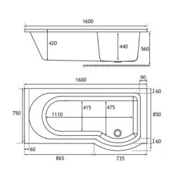 Beaufort Portland 1600 x 850mm RH P Shaped 5mm Bath