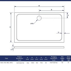 Scudo Shires 1400 x 700mm White Rectangular Shower Tray