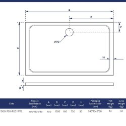 Scudo Shires 1500 x 700mm White Rectangular Shower Tray