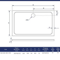 Scudo Shires 1600 x 800mm White Rectangular Shower Tray