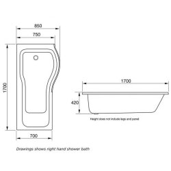 Scudo 1700x850mm LH P Shaped Shower Bath