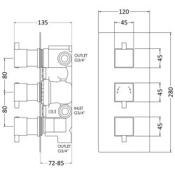 Nuie Square Chrome Thermostatic Triple Shower Valve with Diverter