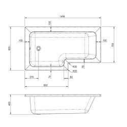 Nuie Square 1500 x 850mm LH L Shaped Shower Bath