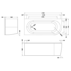 Nuie Crescent 1700 x 725mm LH Back to Wall Corner Bath with Panel