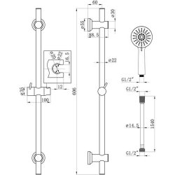 Ajax Chrome Round Premium Slider Rail Kit and 3 Mode Shower Handset