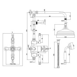 Ajax Beelsby Traditional Two Outlet Shower Valve with Riser Kit and Overhead in Brushed Brass