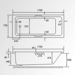 Beaufort Portland SE 1700 x 750mm Reinforced Twin Grip Bath