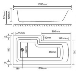 Beaufort Shannon 1700 x 850mm RH L Shaped 4mm Bath