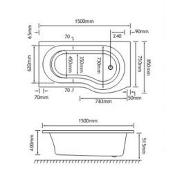 Beaufort Shannon 1500 x 850mm LH P Shaped 4mm Bath