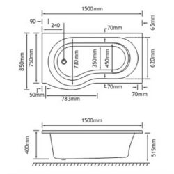 Beaufort Shannon 1500 x 850mm RH P Shaped 4mm Bath