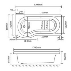 Beaufort Shannon 1700 x 850mm RH P Shaped 4mm Bath