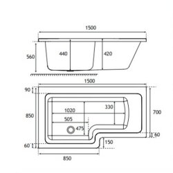 Beaufort Portland 1500 x 850mm LH L Shaped 5mm Bath