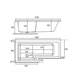 Beaufort Portland 1700 x 850mm LH L Shaped Reinforced Bath