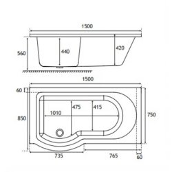 Beaufort Portland 1500 x 850mm LH P Shaped Reinforced Bath