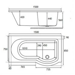 Beaufort Portland 1500 x 850mm RH P Shaped Reinforced Bath