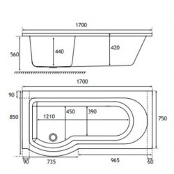 Beaufort Portland 1700 x 850mm LH P Shaped 5mm Bath