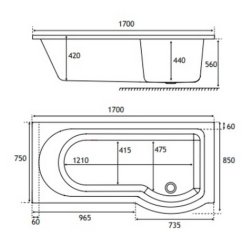 Beaufort Portland 1700 x 850mm RH P Shaped 5mm Bath