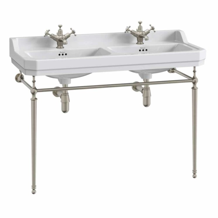 Burlington Edwardian 120cm 1 Tap Hole Double Basin with Brushed Nickel Washstand