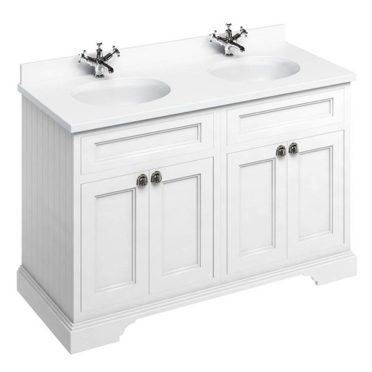 Burlington Freestanding 1300mm Matt White Double Vanity Unit with Doors