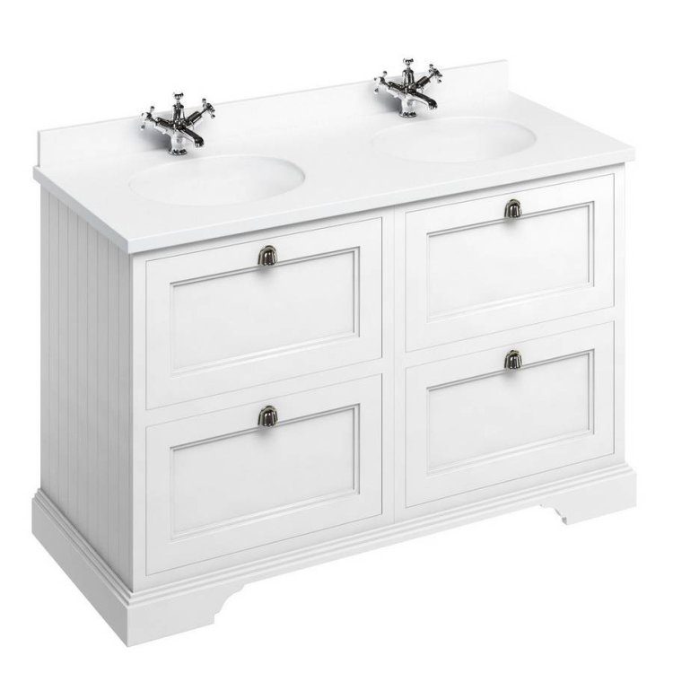 Burlington Freestanding 1300mm Matt White Double Vanity Unit with Drawers