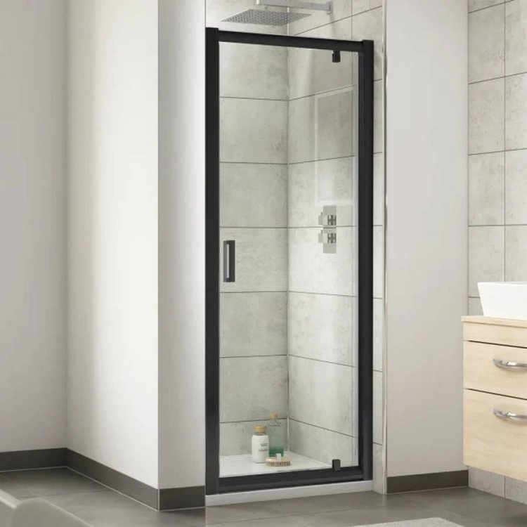 Nuie Rene 760mm Black Framed Pivot Shower Door Lifestyle