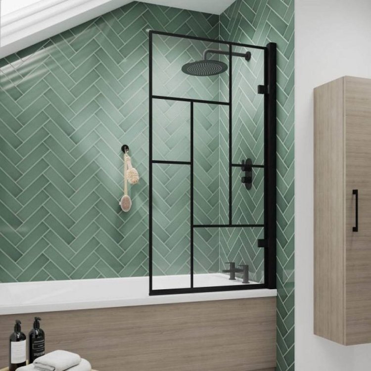 Nuie Pacific 8mm Satin Black Abstract Square Hinged Bath Screen