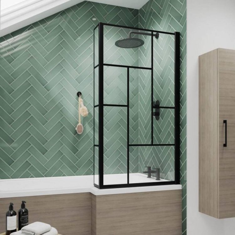 Nuie Pacific 6mm Satin Black Abstract L Shaped Hinged Bath Screen with Fixed Return