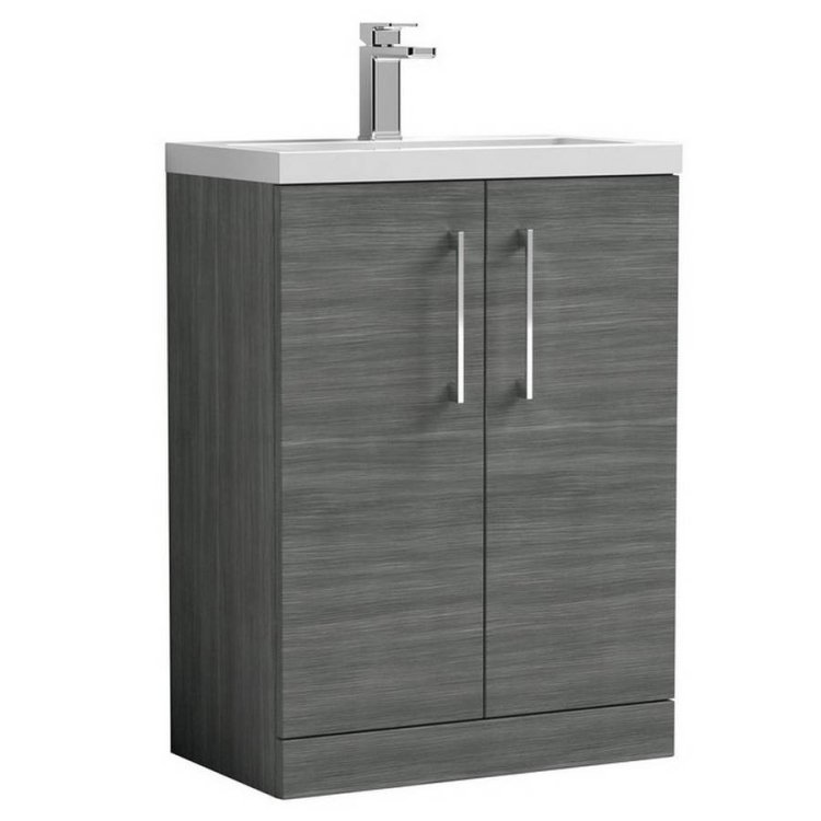 Nuie Arno Anthracite Woodgrain 600mm Compact Floor Standing 2 Door Vanity Unit