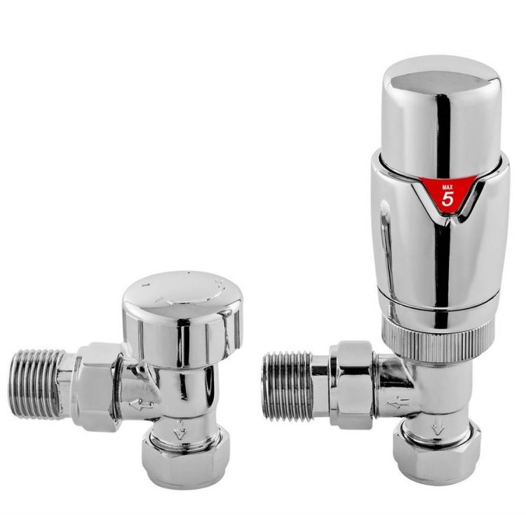 Nuie Luxury Chrome Thermostatic Angled Radiator Valve Set