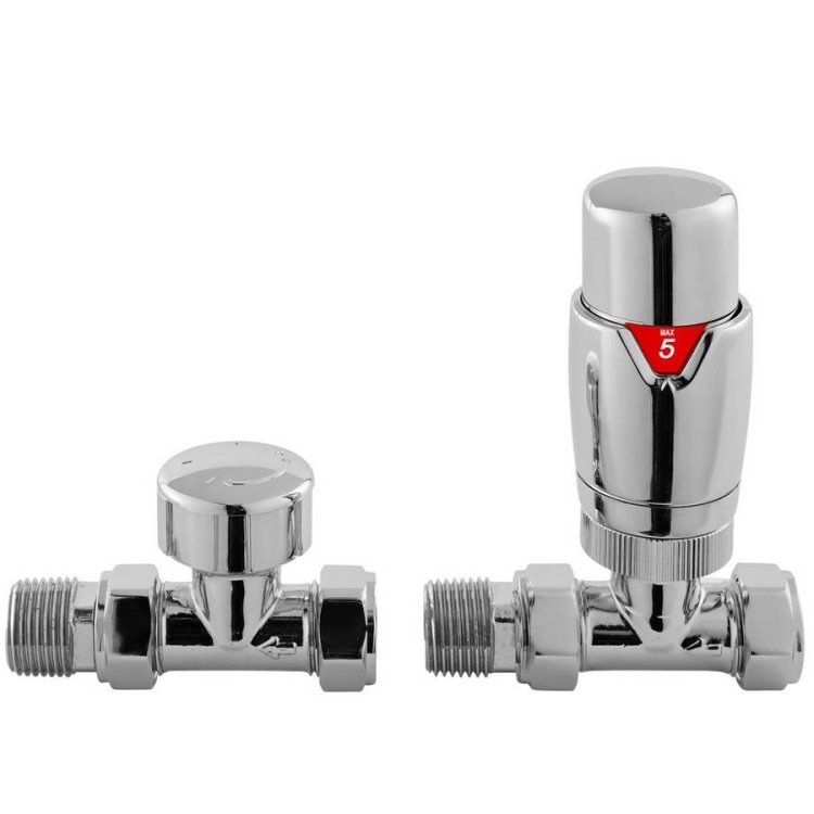 Nuie Luxury Chrome Thermostatic Straight Radiator Valve Set