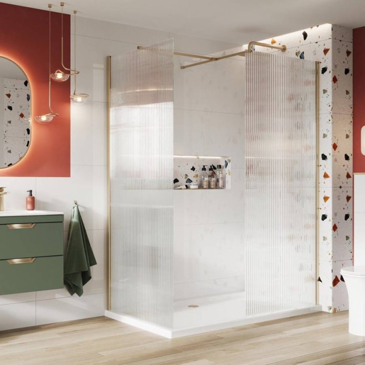 Scudo S8 Brushed Brass 1200mm Fluted Glass Wetroom Panel