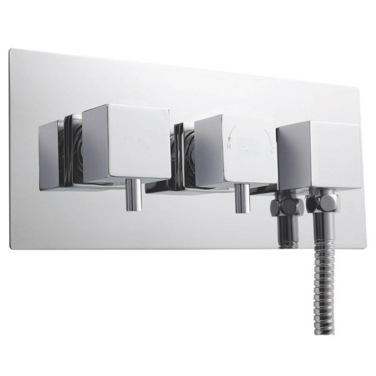 Nuie Square Chrome Thermostatic Twin Shower Valve with Diverter and Outlet