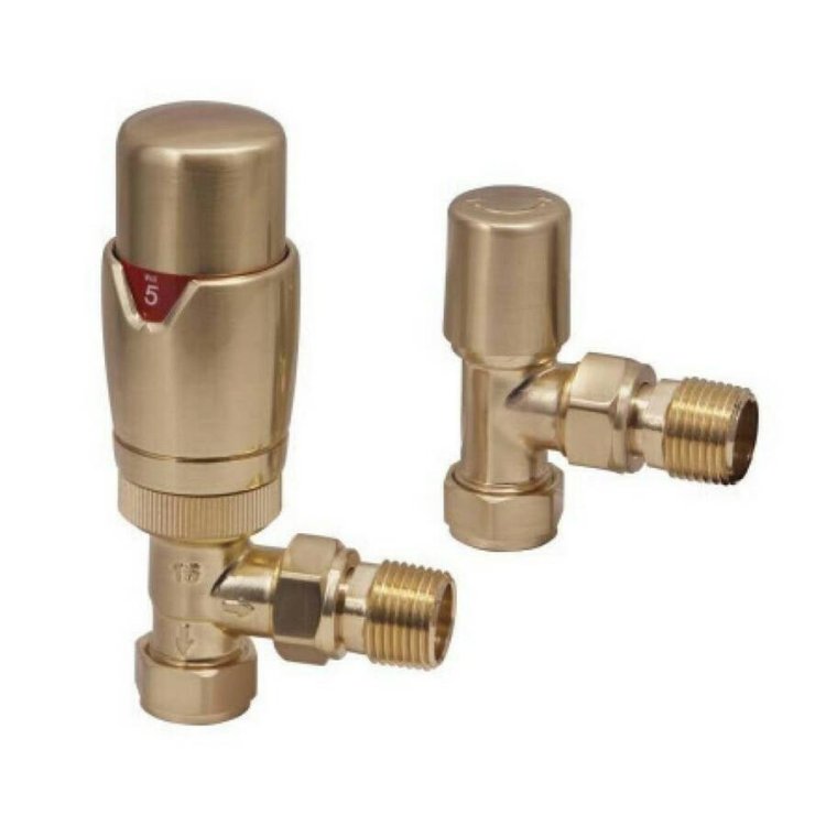 Scudo Designer Brushed Brass Angled Thermostatic Radiator Valves