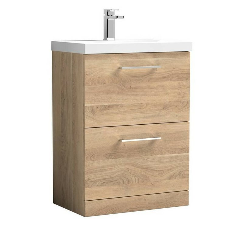 Nuie Arno Bleached Oak 600mm Floor Standing 2 Drawer Vanity Unit