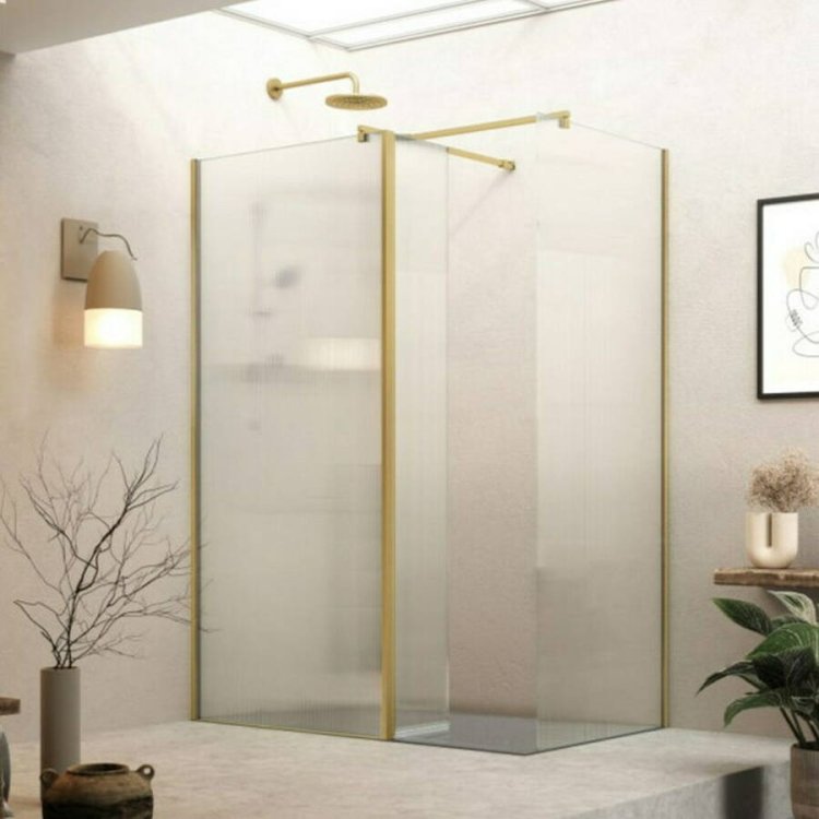 Roman Haven 8mm Select 900mm Fluted Wetroom Corner Panel Brushed Brass